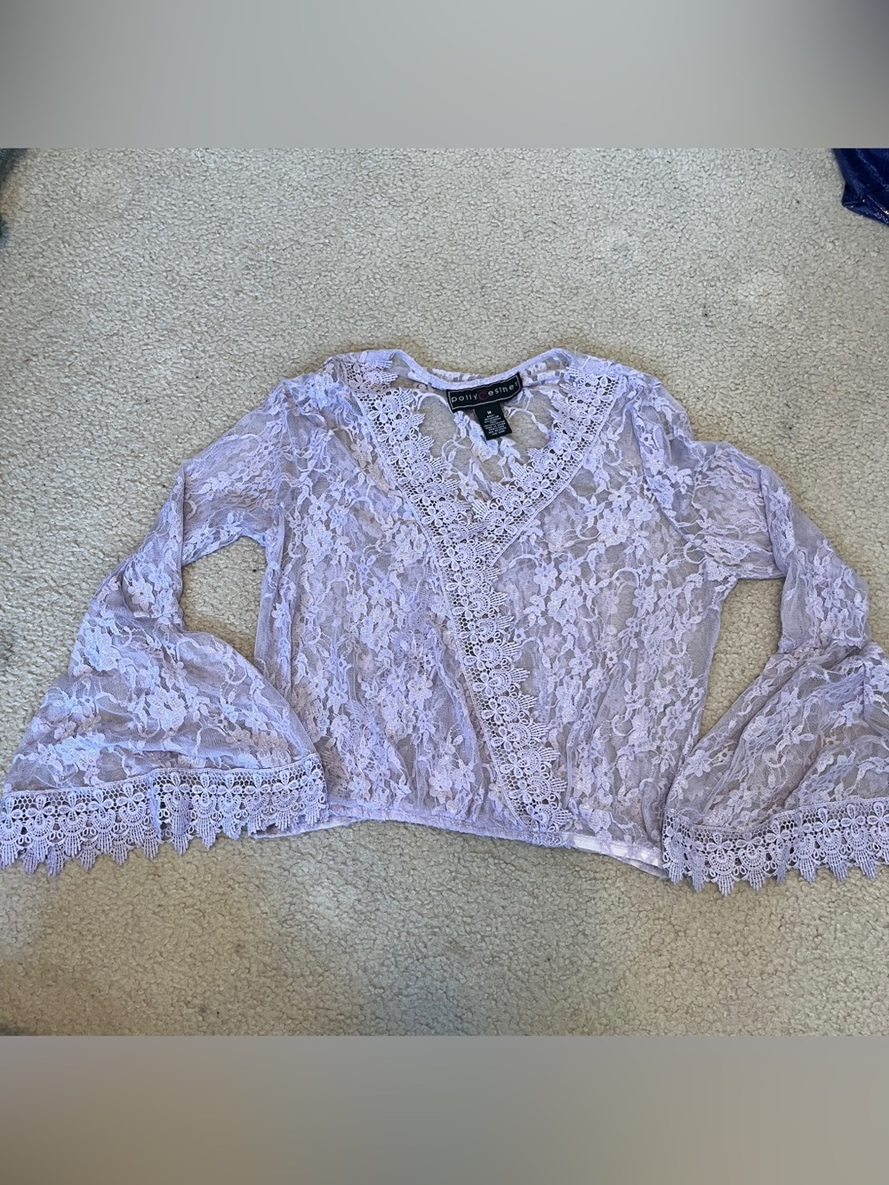 Polly & Esther Lavender Sheer Lace Bell Sleeve Cropped Top (Elastic Waistband)